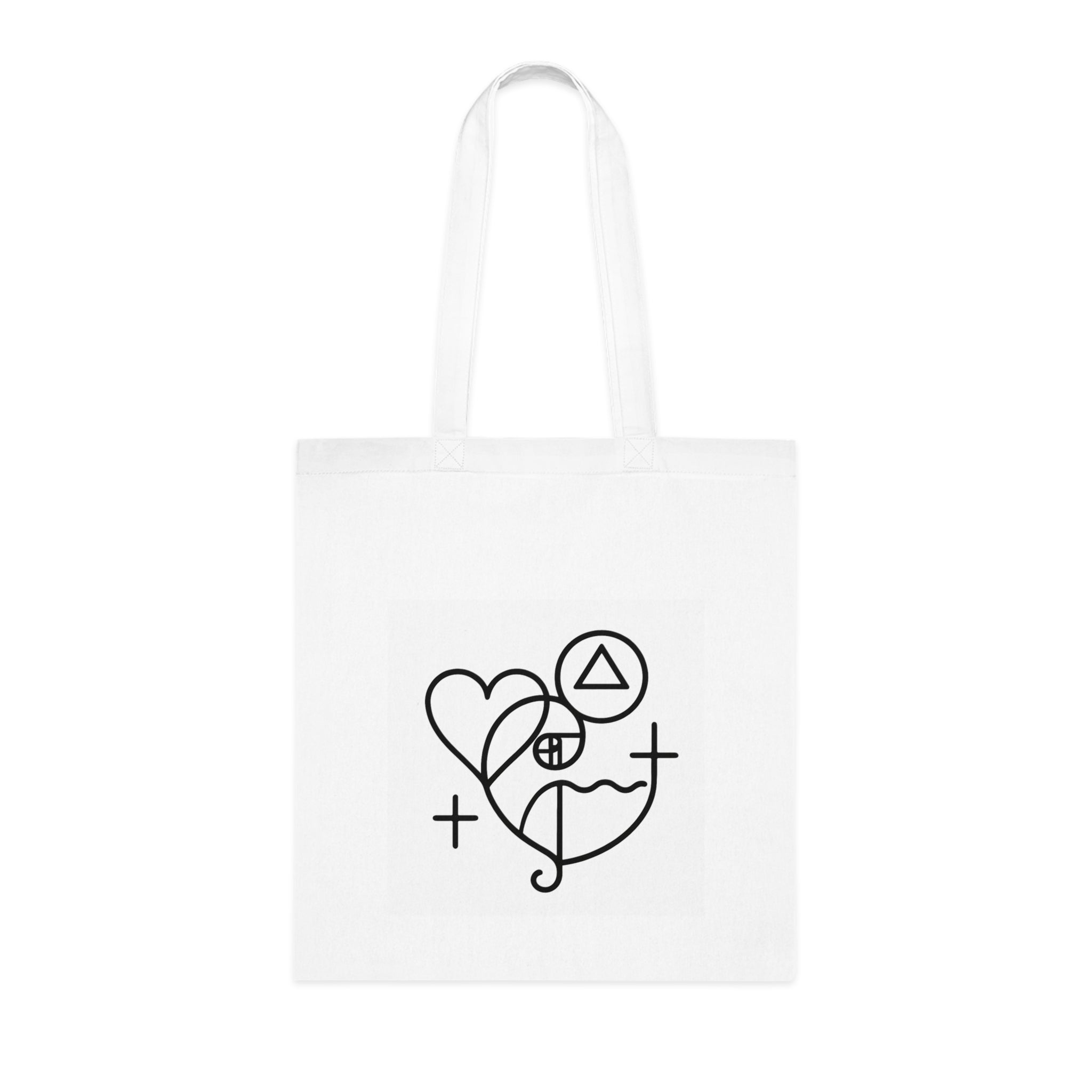 Minimalist Faith & Love Cotton Tote — Abstract Heart, Cross & Symbols Tote Bag