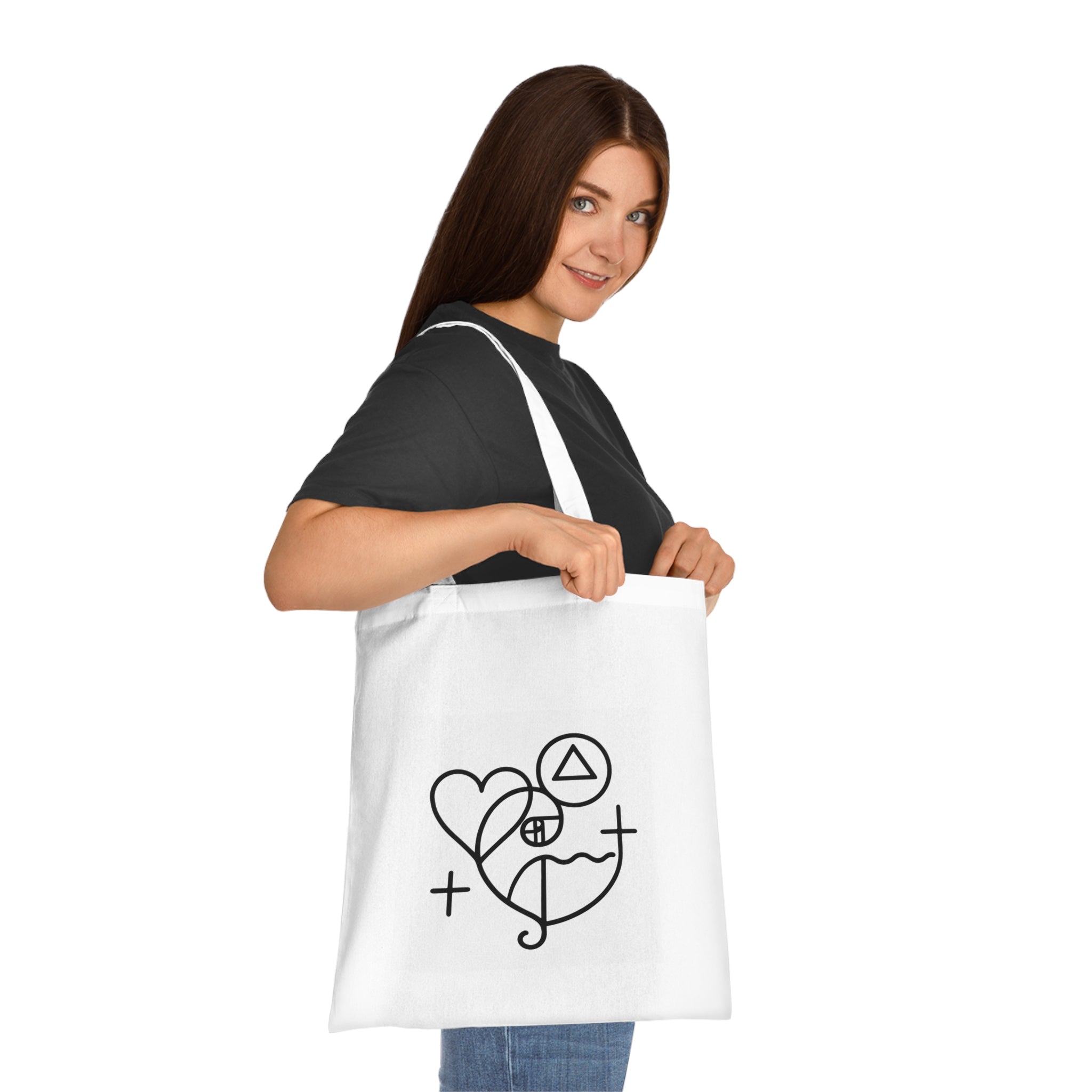 Minimalist Faith & Love Cotton Tote — Abstract Heart, Cross & Symbols Tote Bag