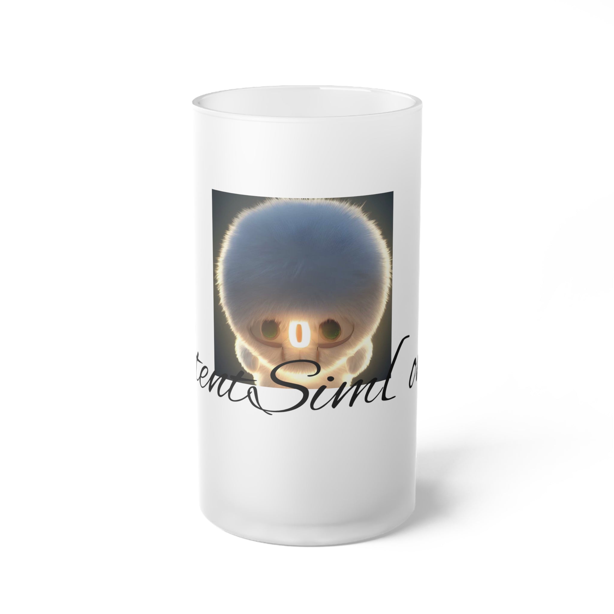 Frosted Glass Beer Mug — Cute Glowing Fuzzy IntentSim[on] Skull Design