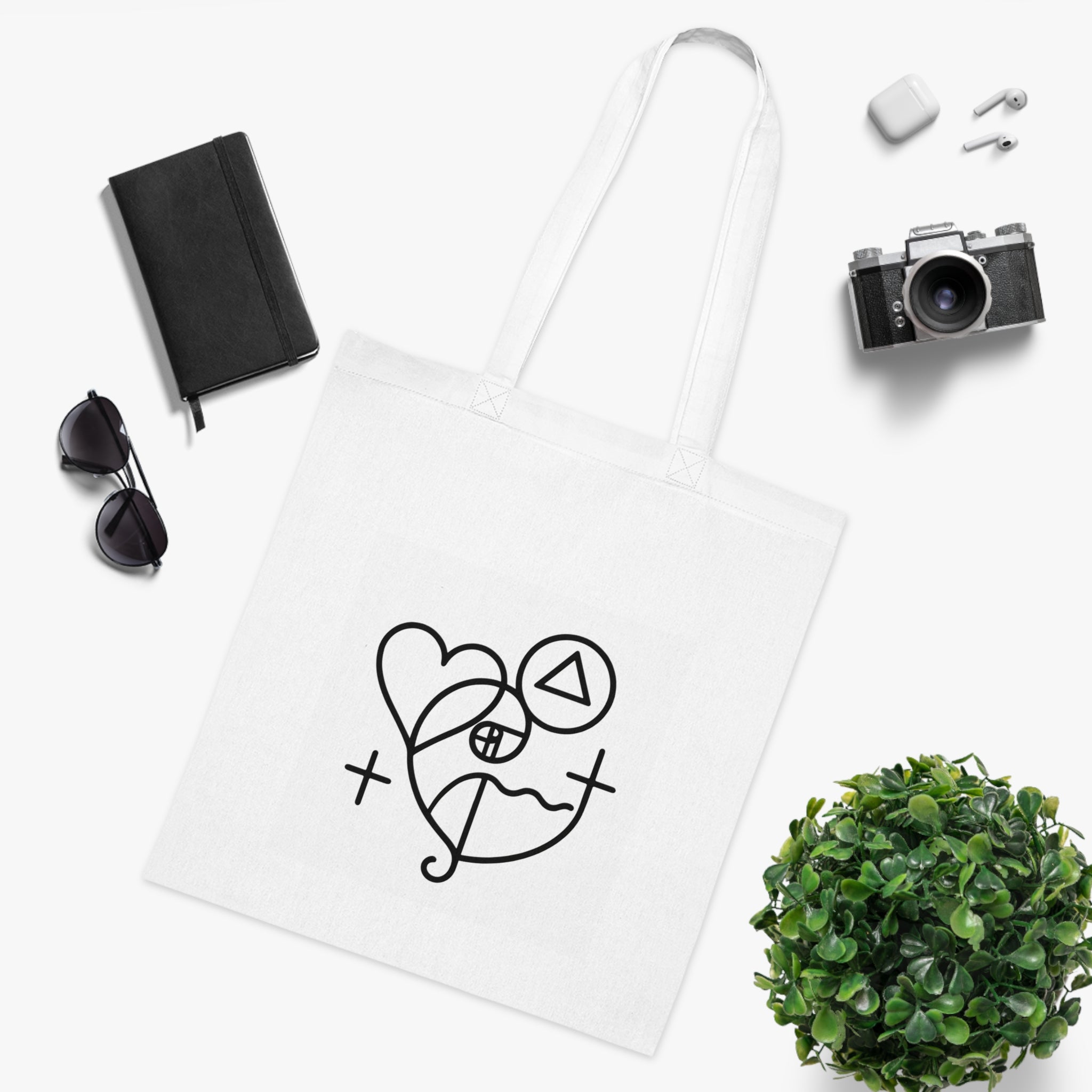 Minimalist Faith & Love Cotton Tote — Abstract Heart, Cross & Symbols Tote Bag