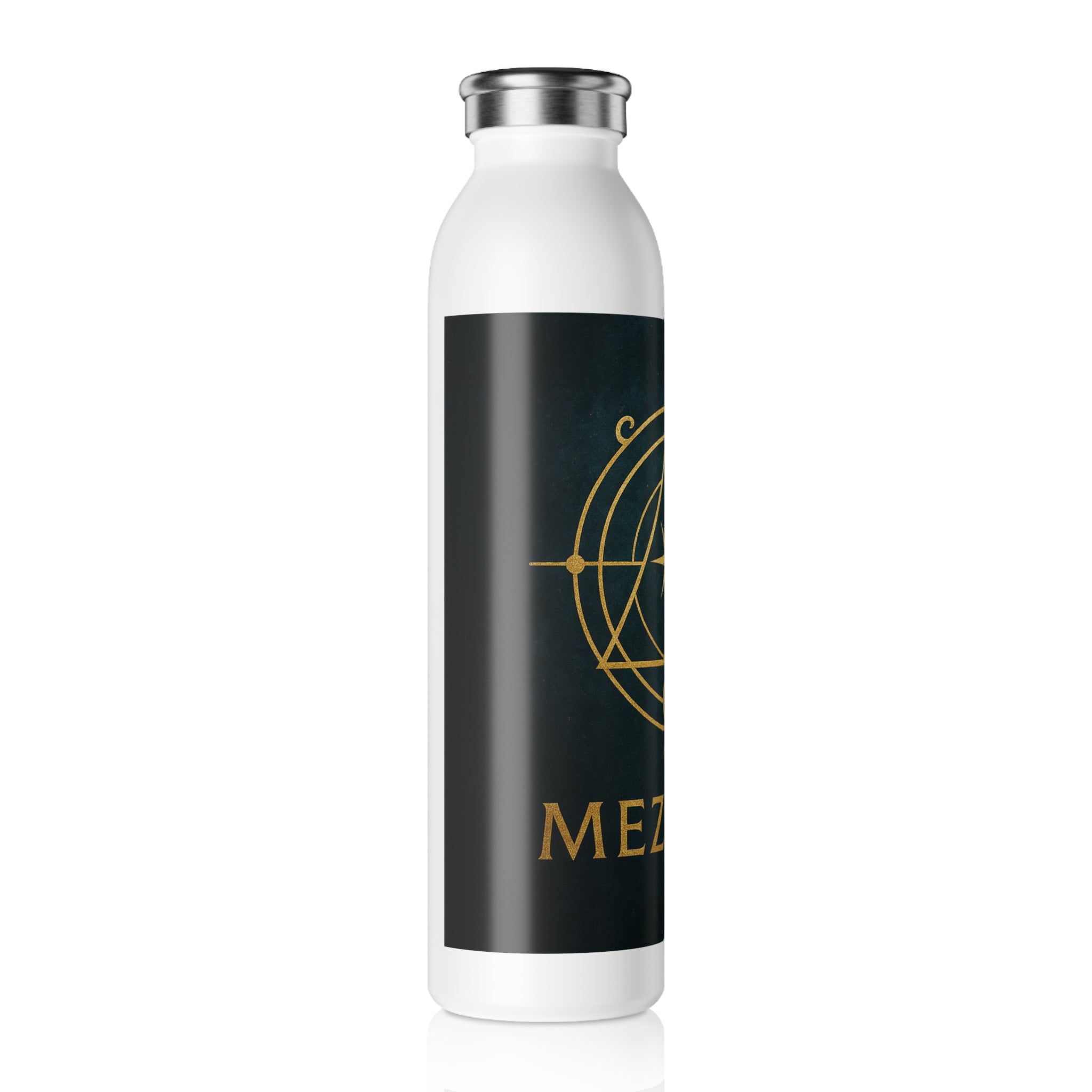 Slim Water Bottle — Gold Mystic Compass Design (Personalized "MEZQU")